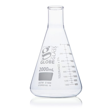 Globe Scientific Flask, Erlenmeyer, Globe Glass, 2000mL, Narrow Mouth, Dual Graduations, ASTM E1404, 4/Box 8402000